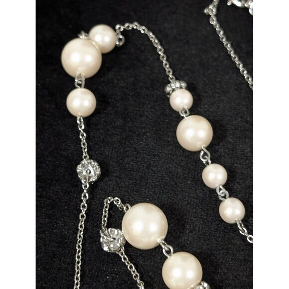 Retro White Faux Pearl Station Chain Rhinestone Long Layering Necklace 34" - Picture 5 of 7